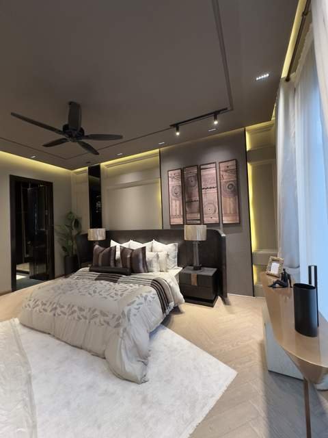 Bedroom with patterned wall art panels
